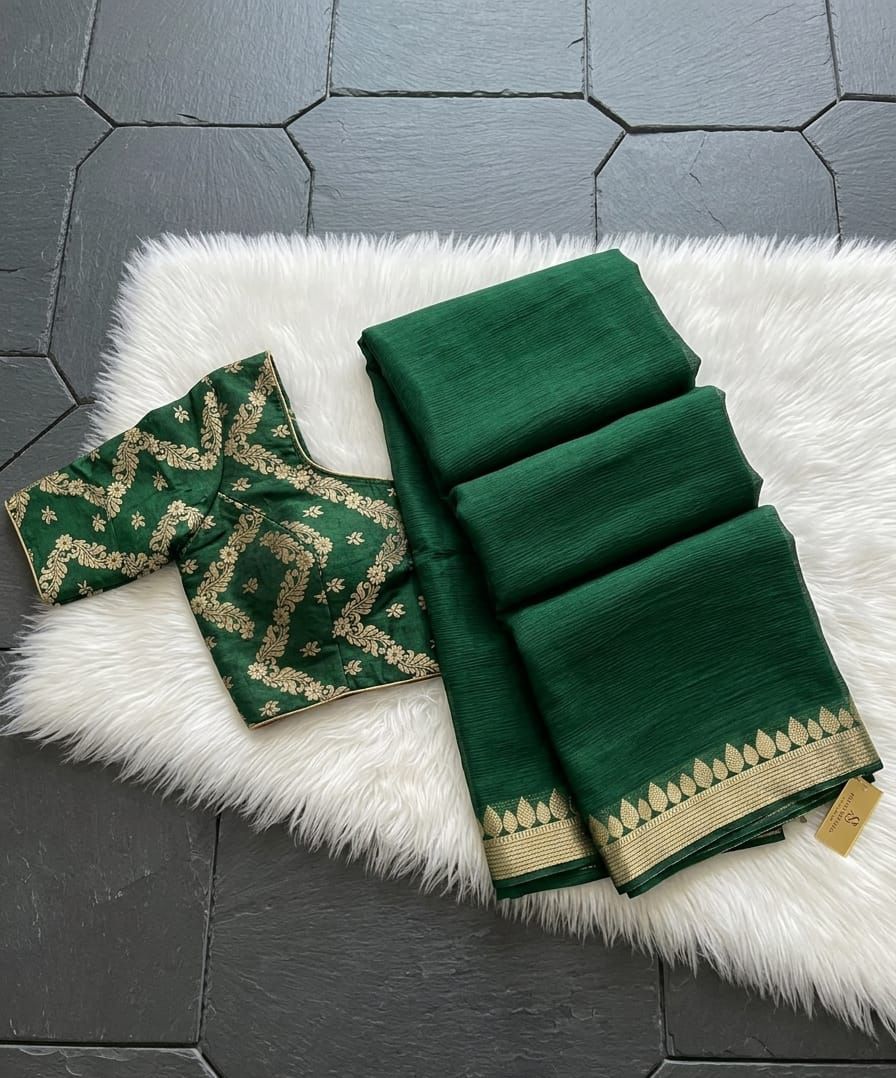Green Chinon Chiffon Zari Saree