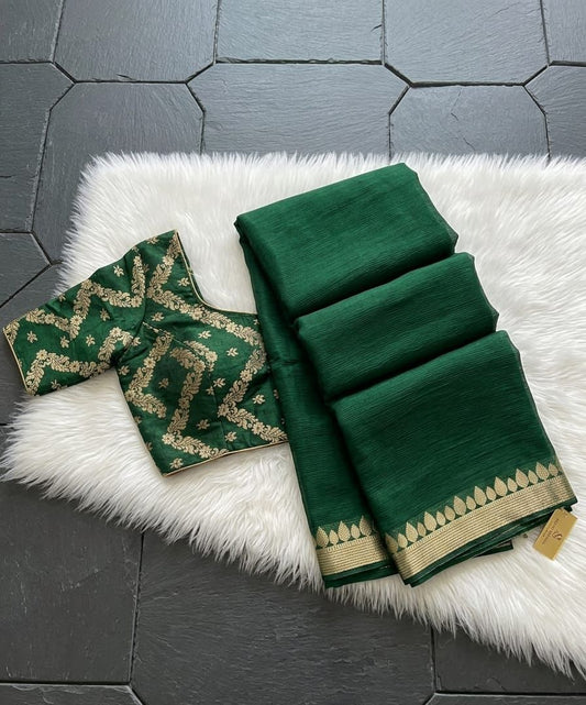 Green Chinon Chiffon Zari Saree
